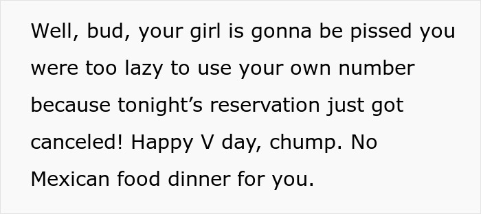 Cancellation message jokes about using someone else's number for V-Day reservation. Cancellation message jokes about using someone else's number for V-Day reservation.