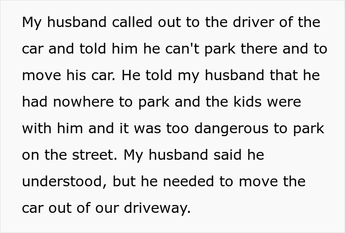 Text about a car parked in a neighbor's driveway, leading to a yard sale dispute and police involvement. Text about a car parked in a neighbor's driveway, leading to a yard sale dispute and police involvement.