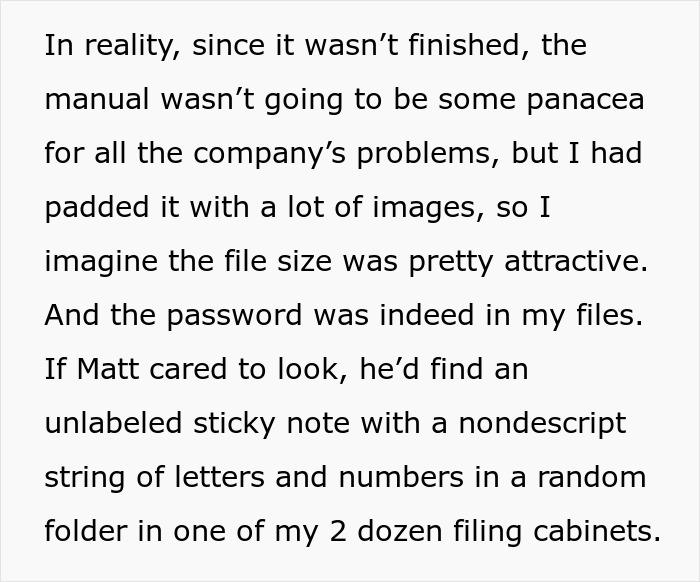 Text describing a failed attempt by a boss to optimize the company, including hidden passwords. Text describing a failed attempt by a boss to optimize the company, including hidden passwords.