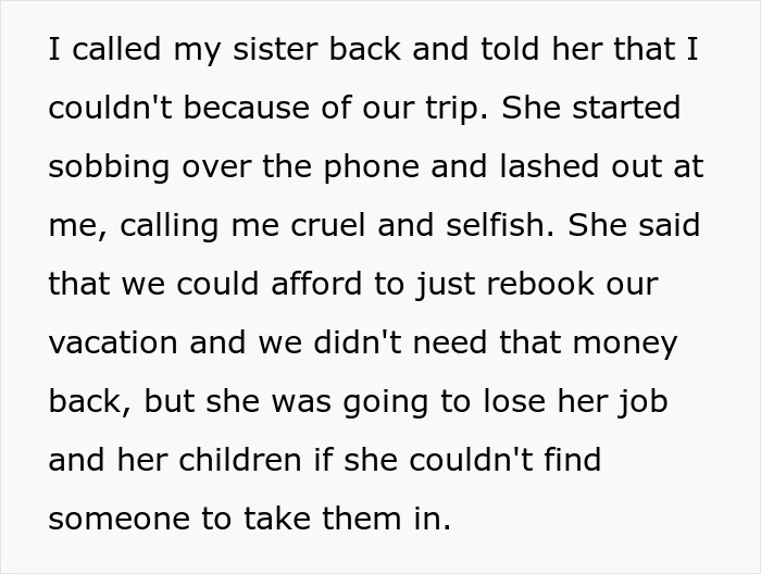Text describing a tough conversation about rebooking an expensive trip due to a sister’s urgent plea for help. Text describing a tough conversation about rebooking an expensive trip due to a sister’s urgent plea for help.