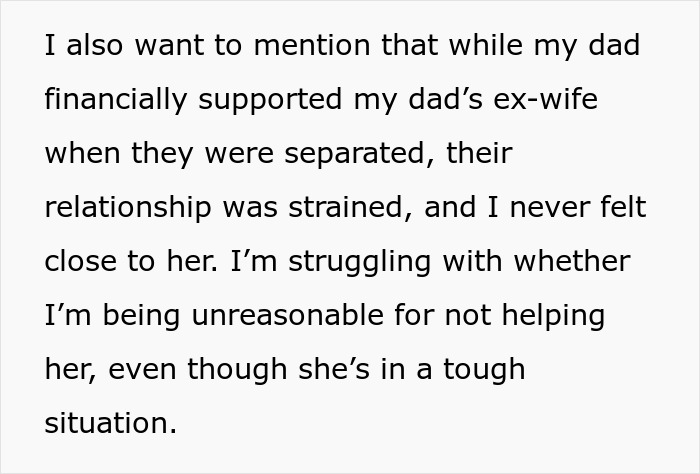 Text discussing strained relationship with dad's ex-wife and financial support dilemma. Text discussing strained relationship with dad's ex-wife and financial support dilemma.