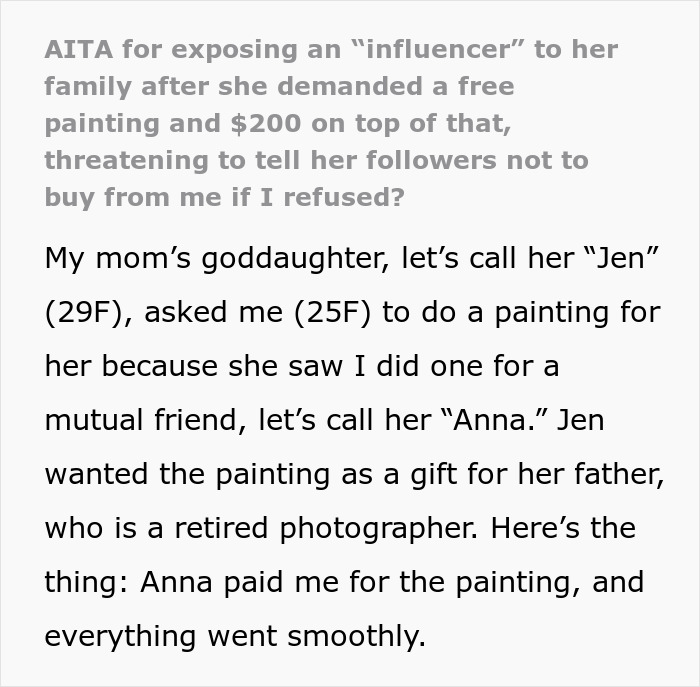 Text conversation discussing exposing an influencer for demanding a free painting and money. Text conversation discussing exposing an influencer for demanding a free painting and money.