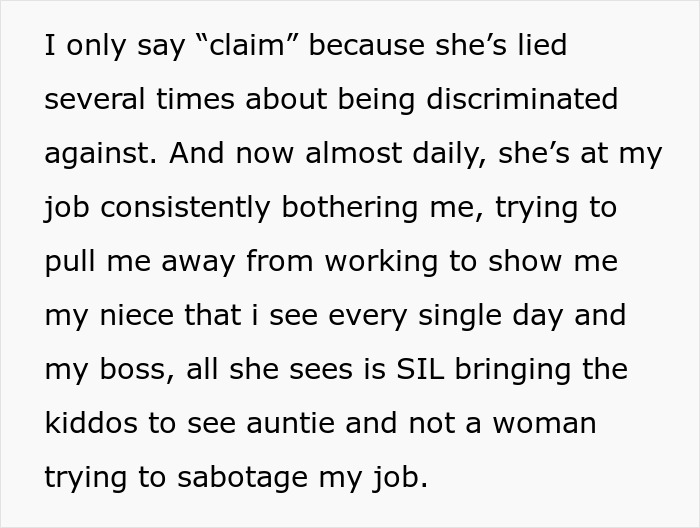 Text describing a situation about a niece bothering someone at work, mentioning issues with a sister-in-law. Text describing a situation about a niece bothering someone at work, mentioning issues with a sister-in-law.