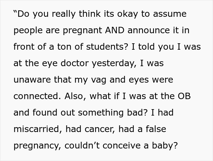 Text image describing a woman's response to a coworker announcing her pregnancy without permission. Text image describing a woman's response to a coworker announcing her pregnancy without permission.