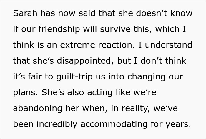 Text about friendship issues due to a guilt trip over child-free vacation plans. Text about friendship issues due to a guilt trip over child-free vacation plans.
