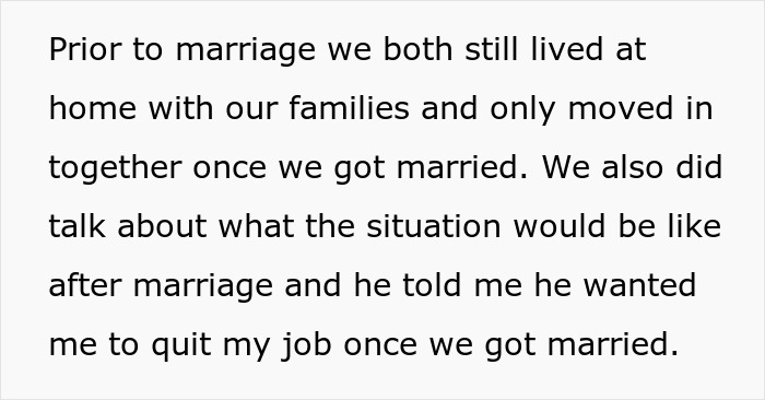 Text discussing marital expectations and the husband's request for the wife to quit her job after marriage. Text discussing marital expectations and the husband's request for the wife to quit her job after marriage.