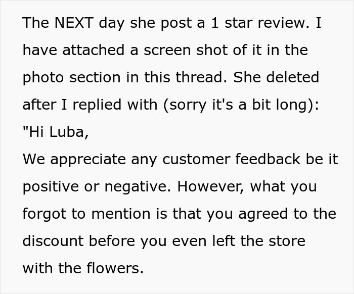 Text exchange about entitled woman leaving a 1-star review over not receiving a $300 order for free. Text exchange about entitled woman leaving a 1-star review over not receiving a $300 order for free.