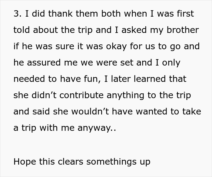 Text conversation about brother's gift of a birthday trip and related misunderstanding. Text conversation about brother's gift of a birthday trip and related misunderstanding.