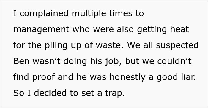 Text on management complaints about waste issues and setting a trap for inefficient coworker. Text on management complaints about waste issues and setting a trap for inefficient coworker.