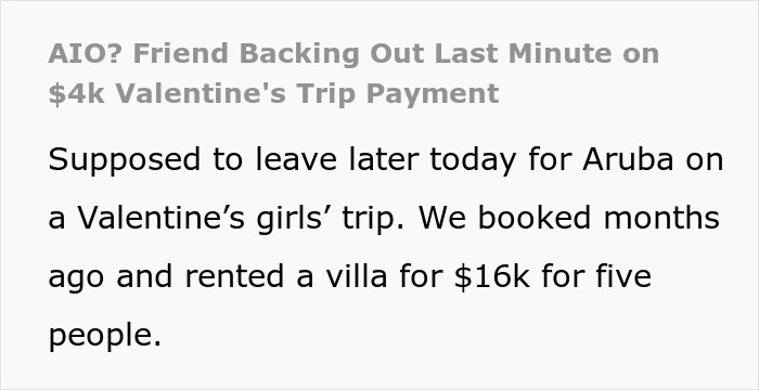 Text discussing a last-minute vacation payment issue, with a friend unable to pay for a Valentine's trip. Text discussing a last-minute vacation payment issue, with a friend unable to pay for a Valentine's trip.