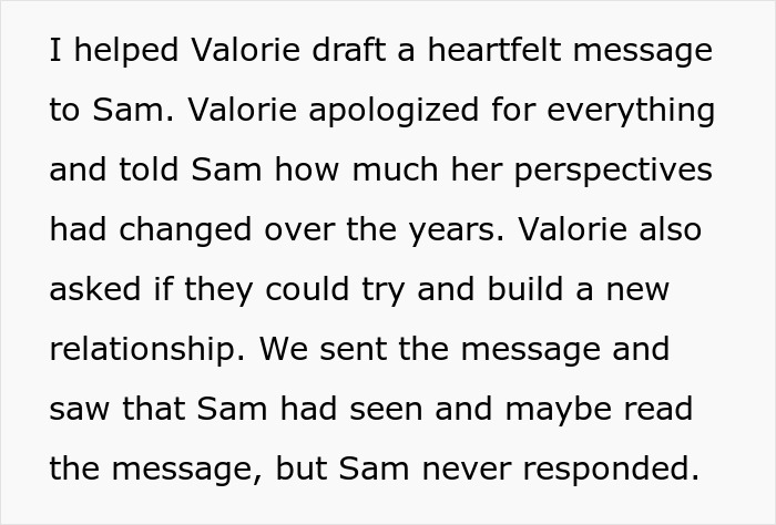 Text discussing inheritance and relationship issues between Valorie and Sam in a heartfelt message. Text discussing inheritance and relationship issues between Valorie and Sam in a heartfelt message.