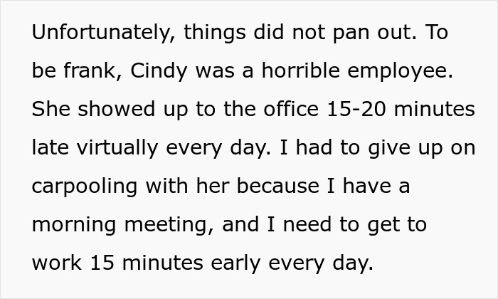 Text detailing an employee's tardiness affecting job probation, highlighting issues with punctuality. Text detailing an employee's tardiness affecting job probation, highlighting issues with punctuality.