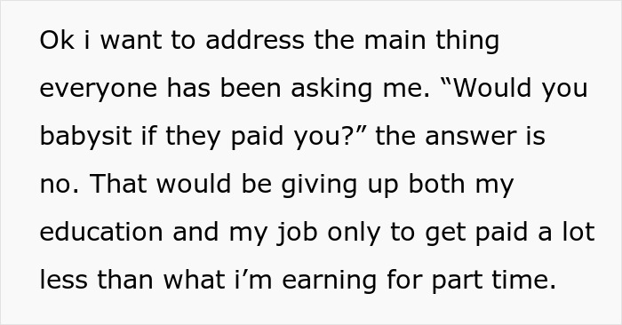 Text rejecting babysitting offer, emphasizing the importance of education and a current job over babysitting for less pay. Text rejecting babysitting offer, emphasizing the importance of education and a current job over babysitting for less pay.