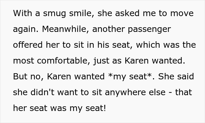 Text describing an incident on a bus where a woman demands a specific seat despite available free ones. Text describing an incident on a bus where a woman demands a specific seat despite available free ones.