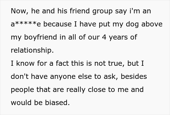 Text about a woman prioritizing her lost dog over her boyfriend in a heated relationship discussion. Text about a woman prioritizing her lost dog over her boyfriend in a heated relationship discussion.