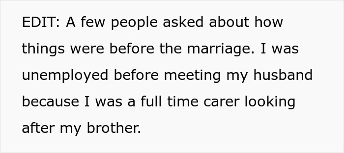 Text discussing pre-marital unemployment and caregiving before meeting husband related to job and divorce issue. Text discussing pre-marital unemployment and caregiving before meeting husband related to job and divorce issue.