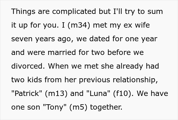 Text excerpt discussing complex relationship history with ex, including kids from previous marriage. Text excerpt discussing complex relationship history with ex, including kids from previous marriage.