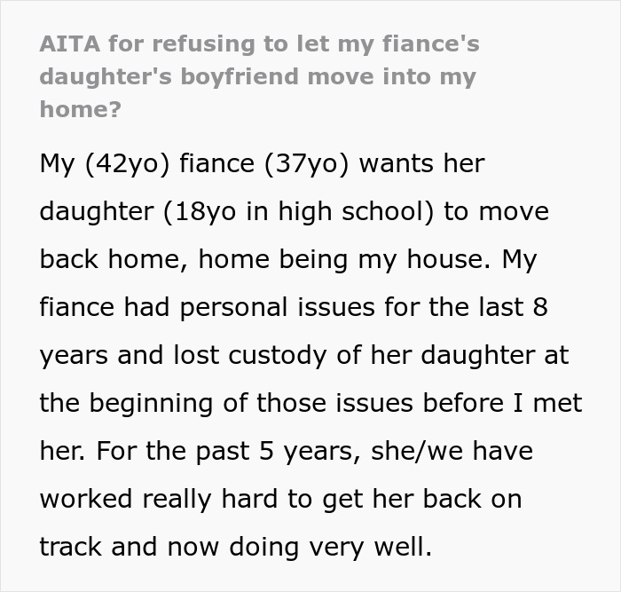 Text detailing a stepdad's dilemma about letting his stepdaughter and her boyfriend move in. Text detailing a stepdad's dilemma about letting his stepdaughter and her boyfriend move in.