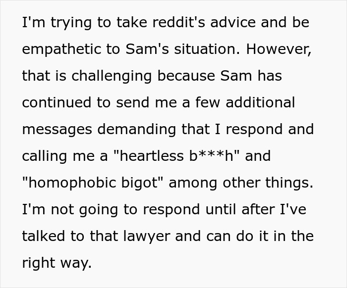 Text detailing a conflict about sharing inheritance, with mentions of empathy and legal considerations. Text detailing a conflict about sharing inheritance, with mentions of empathy and legal considerations.