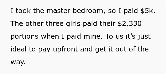 Text discussing vacation payment, emphasizing upfront costs and differing amounts, part of a friend's vacation situation. Text discussing vacation payment, emphasizing upfront costs and differing amounts, part of a friend's vacation situation.