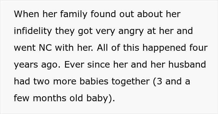 Text discussing infidelity consequences and family dynamics over four years. Text discussing infidelity consequences and family dynamics over four years.