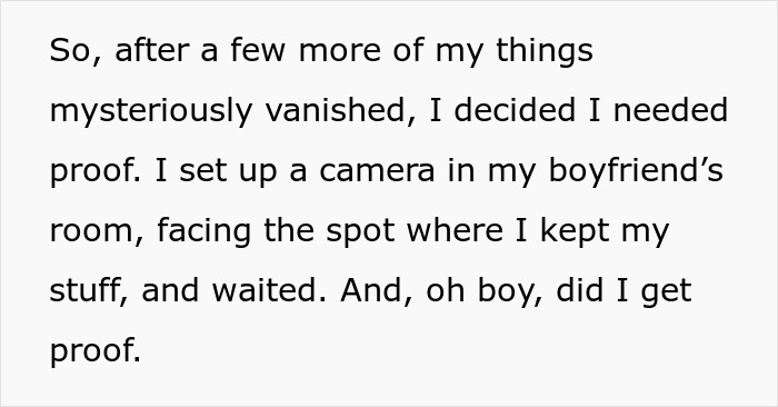 Text about setting up a camera for proof of boyfriend's sister stealing. Text about setting up a camera for proof of boyfriend's sister stealing.