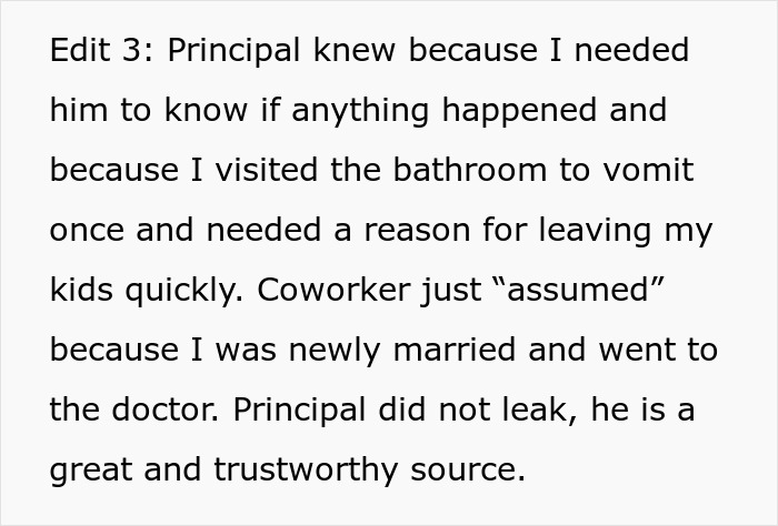 Text discussing a principal knowing about a pregnancy due to vomiting, assuring he didn't leak information; coworker assumed. Text discussing a principal knowing about a pregnancy due to vomiting, assuring he didn't leak information; coworker assumed.