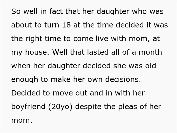 Text discussing an 18-year-old deciding to live with her boyfriend despite her mom's pleas. Text discussing an 18-year-old deciding to live with her boyfriend despite her mom's pleas.