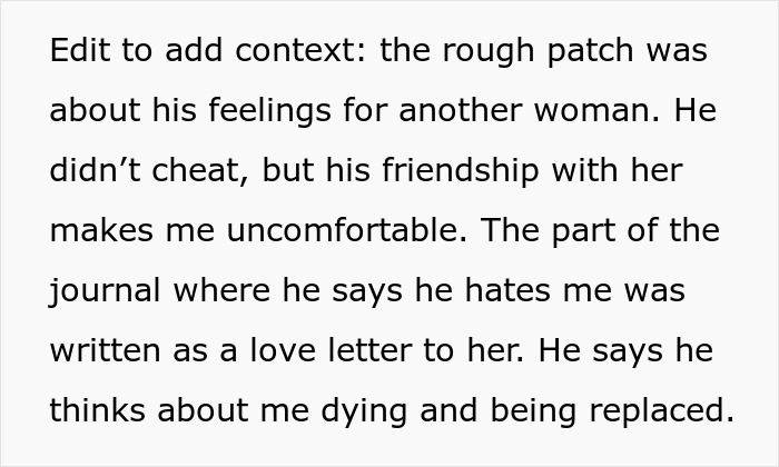 Journal entry reveals husband's disturbing wishes for wife, causing fear and departure with child. Journal entry reveals husband's disturbing wishes for wife, causing fear and departure with child.