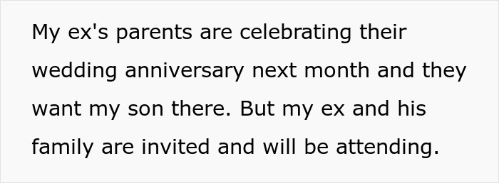 Text discussing a mom's decision about her son's attendance at a family BBQ with stepsiblings and her ex's family. Text discussing a mom's decision about her son's attendance at a family BBQ with stepsiblings and her ex's family.
