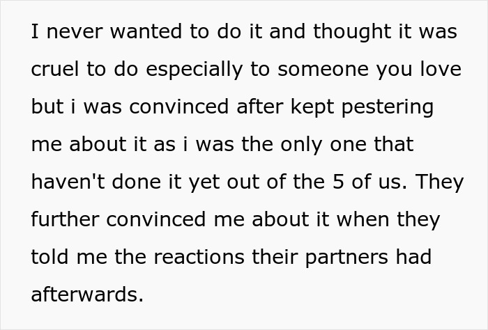 Text detailing a woman's coerced decision to participate in a controversial choice affecting her relationship. Text detailing a woman's coerced decision to participate in a controversial choice affecting her relationship.