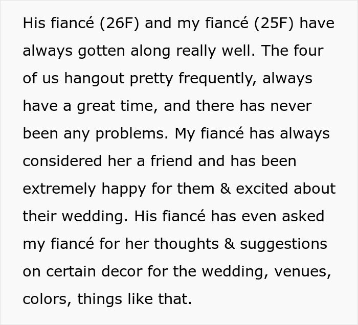 Text exchange about a fiancée banned from a wedding, leading to a friend dropping out. Text exchange about a fiancée banned from a wedding, leading to a friend dropping out.