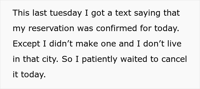 Text message about reservation confusion on Valentine's Day, waiting to cancel. Text message about reservation confusion on Valentine's Day, waiting to cancel.