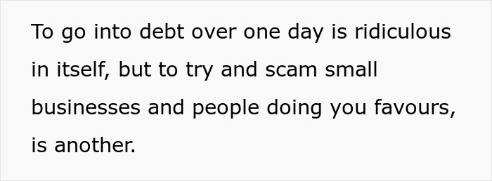 Text on a white background about wedding debts and scamming small businesses. Text on a white background about wedding debts and scamming small businesses.