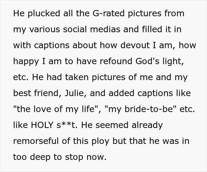 Text screenshot discussing a teen's fake account and ploy involving social media captions and religious themes. Text screenshot discussing a teen's fake account and ploy involving social media captions and religious themes.