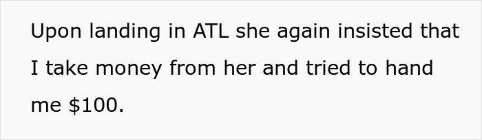 Text screenshot about elderly woman insisting on giving $100 to switch seats in ATL. Text screenshot about elderly woman insisting on giving $100 to switch seats in ATL.