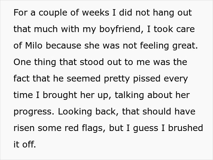 Text about a woman noting red flags in her boyfriend's behavior while caring for her sick dog. Text about a woman noting red flags in her boyfriend's behavior while caring for her sick dog.