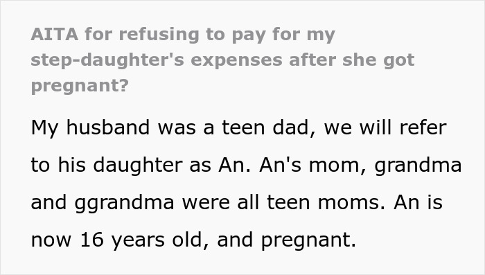 Text discussing stepmom's refusal to fund stepdaughter's expenses after teen pregnancy continues family legacy. Text discussing stepmom's refusal to fund stepdaughter's expenses after teen pregnancy continues family legacy.