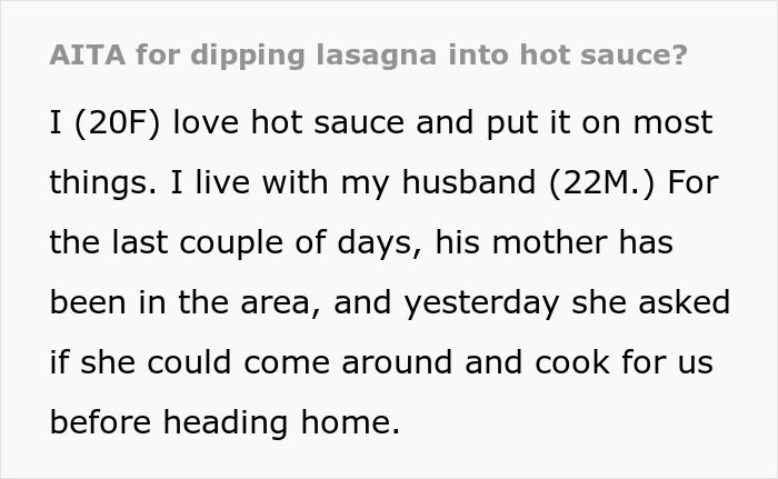 Text discussing lasagna, hot sauce, and family dynamics in a household setting. Text discussing lasagna, hot sauce, and family dynamics in a household setting.