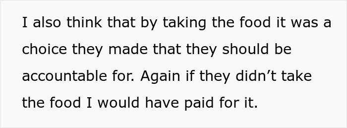 Text discussing accountability for food taken home after a meal with friends. Text discussing accountability for food taken home after a meal with friends.
