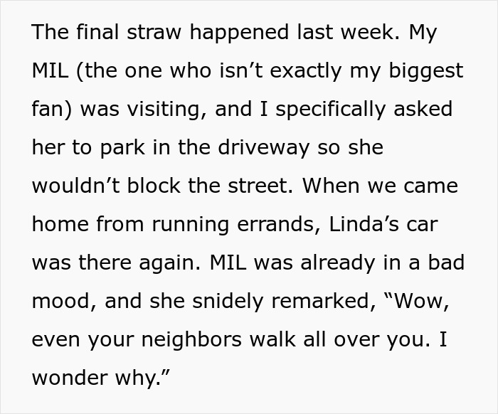 Text describing frustration over neighbor parking car unauthorized in driveway, causing inconvenience. Text describing frustration over neighbor parking car unauthorized in driveway, causing inconvenience.