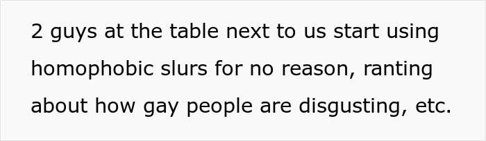 Text image discussing homophobic slurs and rants in a bar setting. Text image discussing homophobic slurs and rants in a bar setting.