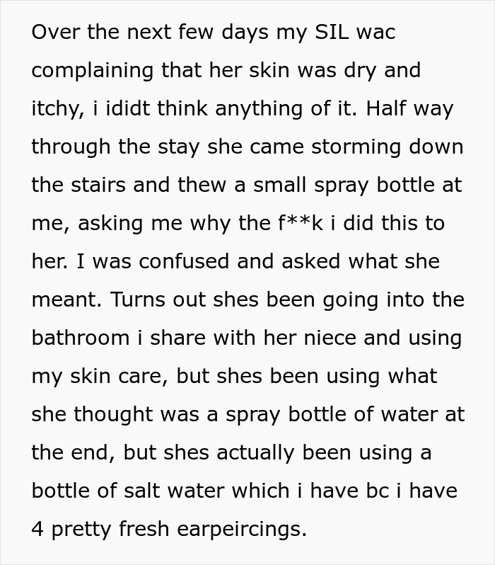 Text about SIL accidentally using salt water instead of expensive skincare, leading to skin issues and regret. Text about SIL accidentally using salt water instead of expensive skincare, leading to skin issues and regret.