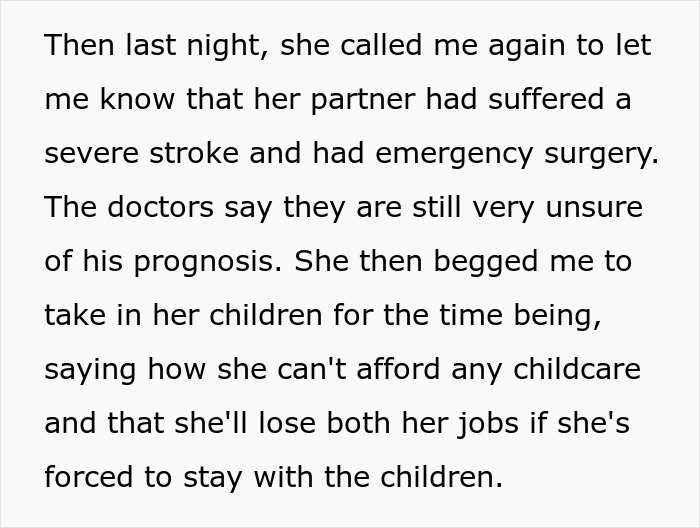 Text discussing a tough conversation about a personal family emergency and childcare dilemma. Text discussing a tough conversation about a personal family emergency and childcare dilemma.