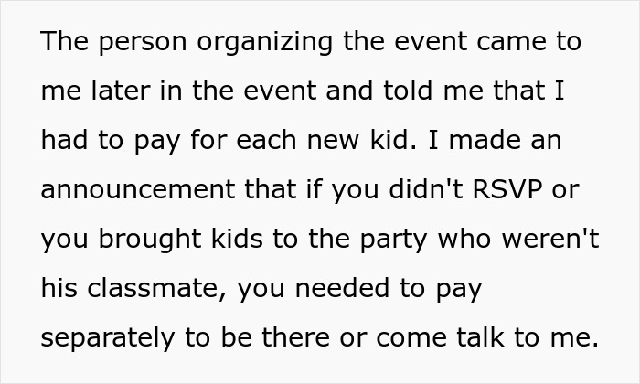 Text about a parent addressing unexpected guests and costs at their son's party; focuses on RSVPs and event expenses. Text about a parent addressing unexpected guests and costs at their son's party; focuses on RSVPs and event expenses.