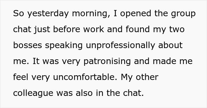 Screenshot of a group chat with a story about unprofessional managers making someone uncomfortable. Screenshot of a group chat with a story about unprofessional managers making someone uncomfortable.
