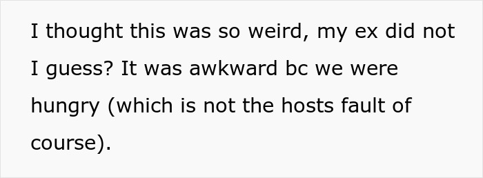 Text from a group of friends discussing an awkward dining experience with limited leftovers. Text from a group of friends discussing an awkward dining experience with limited leftovers.