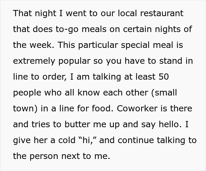 Text about a popular restaurant meal and a woman's interaction with a nosy coworker. Text about a popular restaurant meal and a woman's interaction with a nosy coworker.