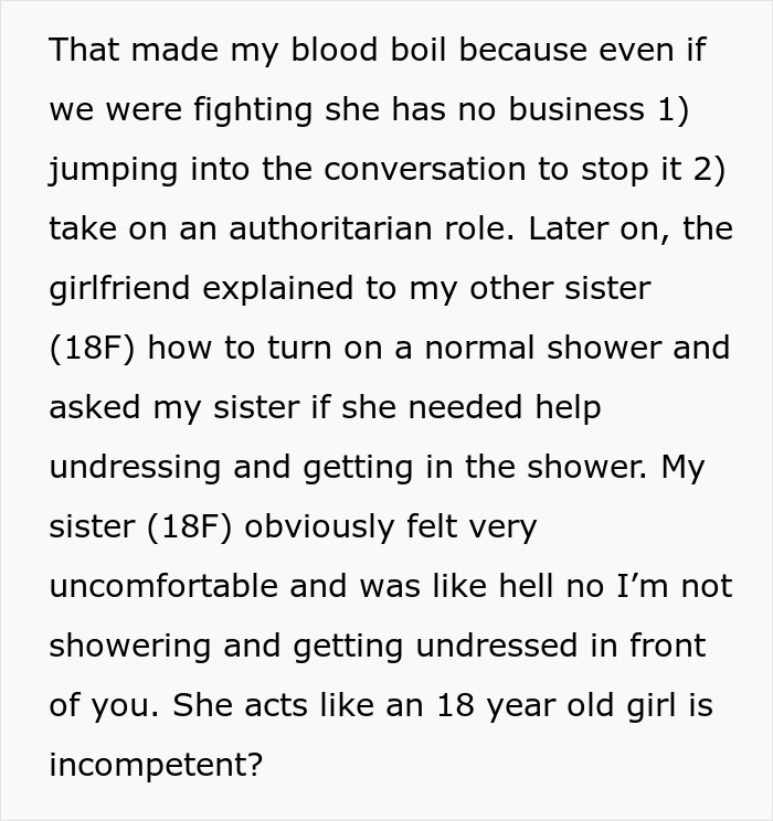 Text excerpt about a young woman upset by her dad's girlfriend parenting her sister. Text excerpt about a young woman upset by her dad's girlfriend parenting her sister.