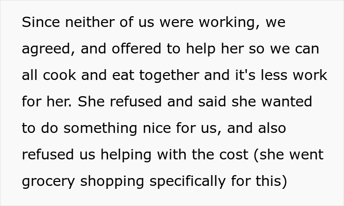Text describing a woman's effort to cook lasagna and her refusal of assistance or cost help. Text describing a woman's effort to cook lasagna and her refusal of assistance or cost help.